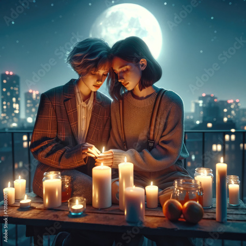 A young lesbian couple in youthful attire, lighting candles on an urban rooftop at night with the full moon overhead.