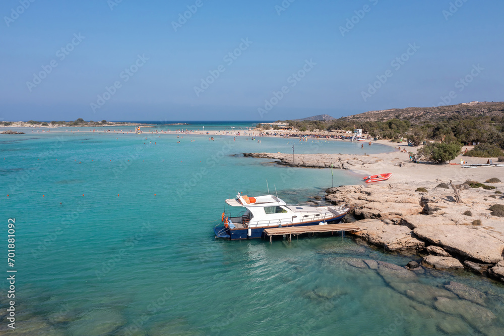 Elafonisi lagoon, Crete island Greece. Aerial drone view of turquoise water, beach with pink sand.