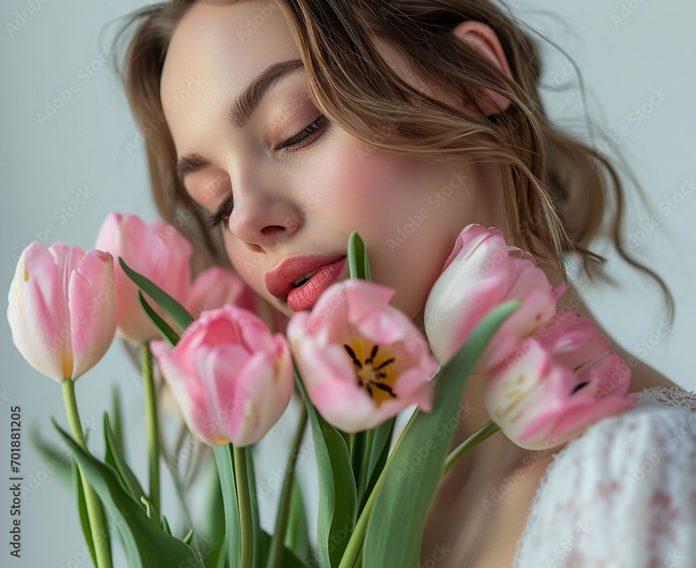 International Women's Day. Happy woman is smelling a bunch of spring flowers, which she is holding in her hands. 8 march. International Women's Day. Happy woman is smelling a bunch of spring flowers, which she is holding in her hands. 8 march.