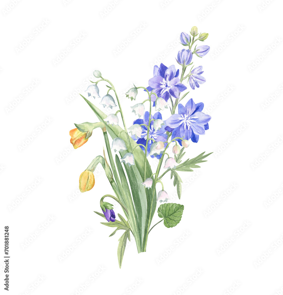 Fototapeta premium Bouquet of the spring flowers, watercolor illustration isolated on white. Fresh daffodils buds, larkspur, lily of the valley and violet - elegant drawing for cards, stickers, mugs, garden projects