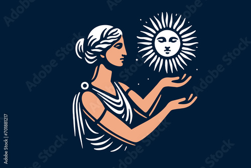 A beautiful antique Greek goddess holds the sun in her hands. Monochrome logo, icon, emblem. Vector illustration