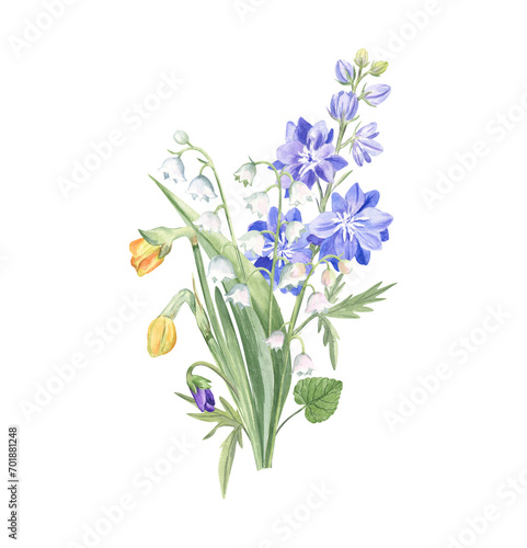 Bouquet of the spring flowers, watercolor illustration isolated on white. Fresh daffodils buds, larkspur, lily of the valley and violet - elegant drawing for cards, stickers, mugs, garden projects