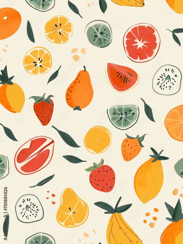 A playful illustration of assorted fruits and citrus slices with leaves on a light background. A playful illustration of assorted fruits and citrus slices with leaves on a light background.