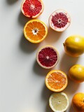 A colourful array of citrus slices with fresh droplets on a clean bright background.