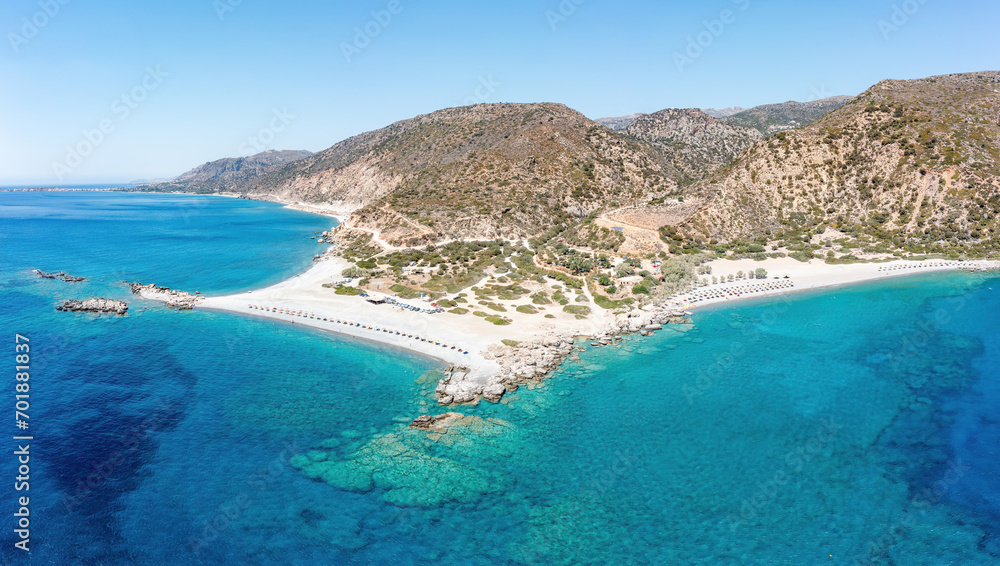 Crete island Greece. Aerial drone panoramic view of Paleochora town and crystal clear sea water.