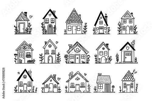Tiny line houses. Doodle rural residential buildings, hand drawn townhouse cottage with windows doors and botanical elements. Vector isolated set