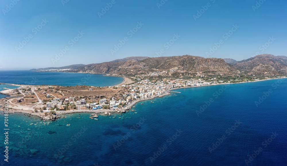 Crete island Palaiochora town, Greece. Aerial drone panoramic view of sea water, seaside building.
