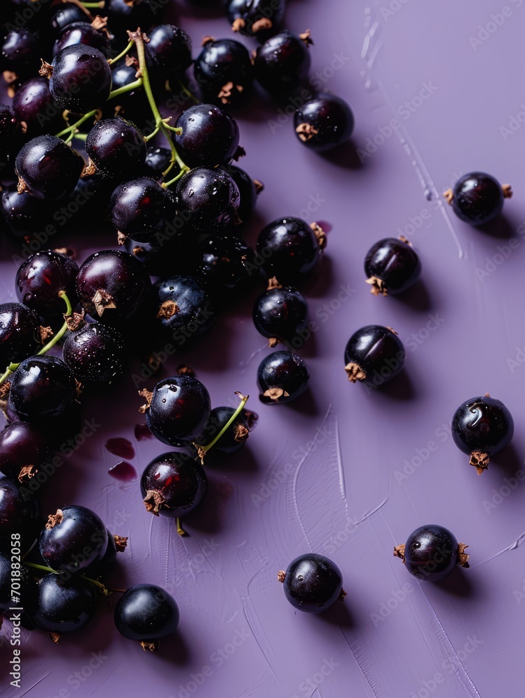 A spill of blackcurrants on a purple surface, with some berries rolling away. A spill of blackcurrants on a purple surface, with some berries rolling away.