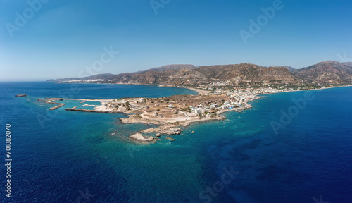 Greece, Crete island, Palaiochora town. Aerial drone panoramic view of sea water, seaside building. © Rawf8