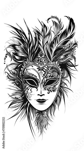 Black and White Carnival Mask for Masquerade Isolated on a White Background. Bohemian Festive Masks. Adult Coloring Pages. Doodle Illustration. Boho Chic Style. Vertical Banner.