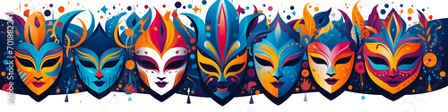Banner of Colorful Carnival Masks for Masquerade. Abstract Shapes and Lines for a Party Poster. Festive Pattern or Background. Holiday Pageant and Mardi Gras Concept.