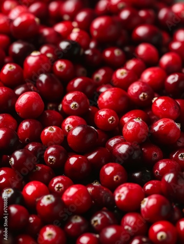 Dense cluster of glossy cranberries on a dark surface, with a rich red colour.