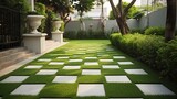 Home outdoor decoration concept. Walkway around home by artificial grass, architecture design of grass field around home. Generative AI