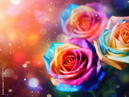 Vibrant and Lovely Festive Background. Adorned Roses rainbow color in the Background with Blurred, Glistening Lights and Golden Bokeh.Top-down view with space for text. Ideal for banners and backgroun