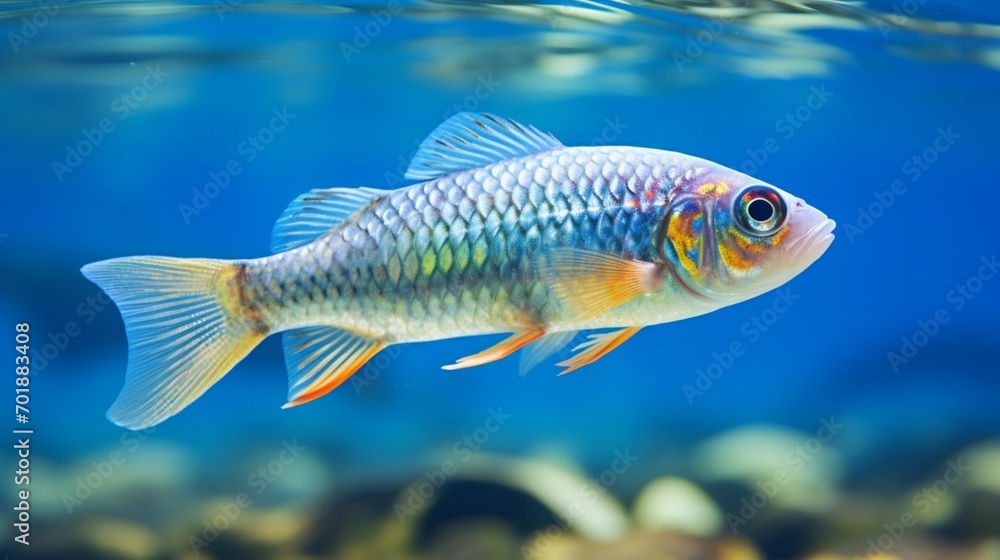 A stunning Blue-Eyed Rainbowfish swimming in crystal-clear water, showcasing its vibrant colors and patterns. A stunning Blue-Eyed Rainbowfish swimming in crystal-clear water, showcasing its vibrant colors and patterns.