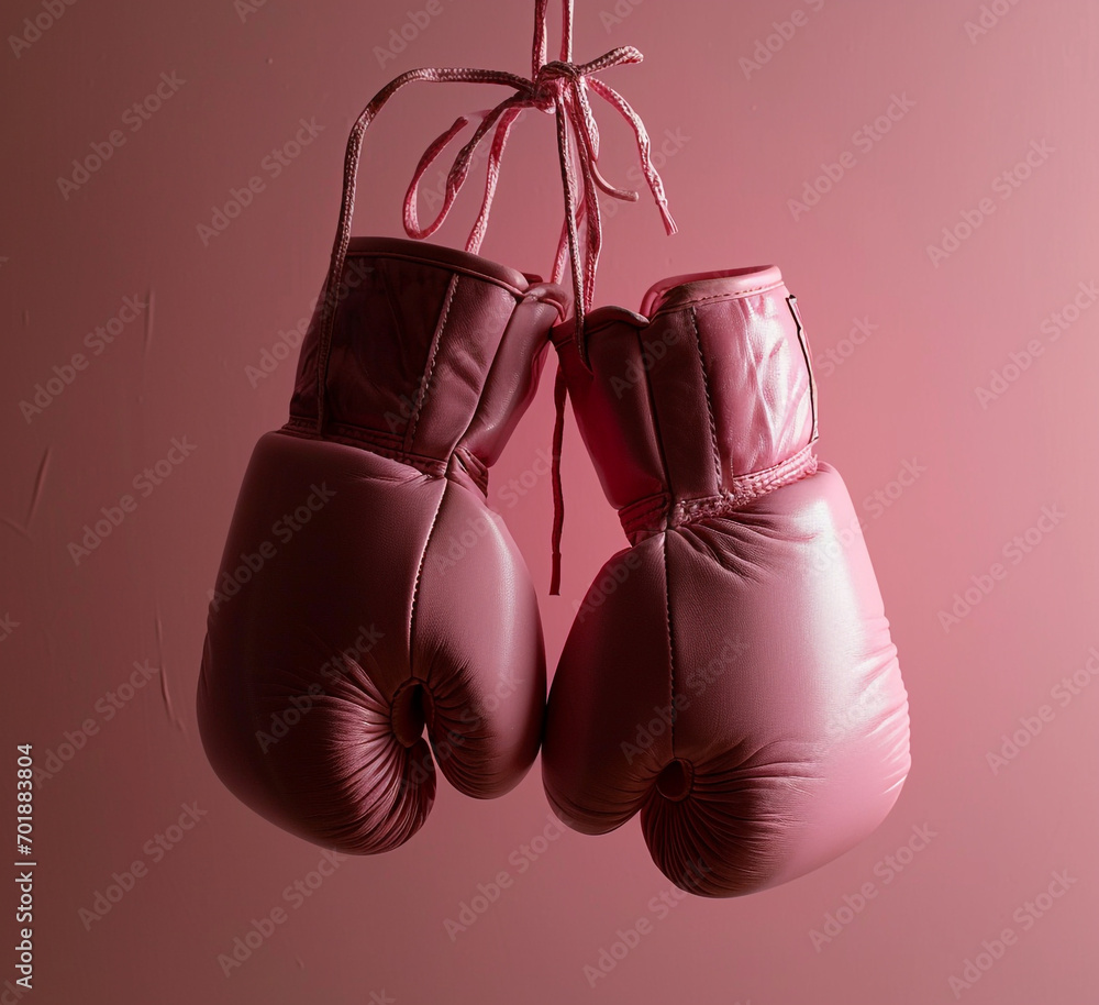 Breast cancer awareness concept with pink boxing gloves for girl and woman fight with illness on pink background with copy space.