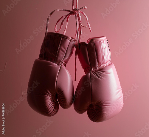Breast cancer awareness concept with pink boxing gloves for girl and woman fight with illness on pink background with copy space. © Uros