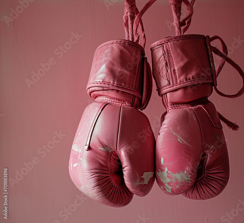 Breast cancer awareness concept with pink boxing gloves for girl and woman fight with illness on pink background with copy space. © Uros