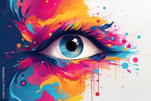 Beautiful female eye with colorful paint splashes. abstract background for National Save Your Vision Month photo