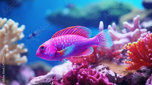 A stunning Cirrhilabrus Fairy Wrasse swimming in a vibrant coral reef.