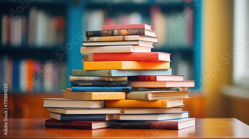 Stack of books on a desk in the library. Education concept