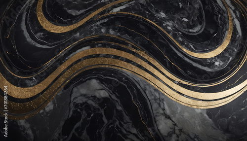 Luxurious black and gray marble swirls accented with gold painted splashes, creating a high-end and sophisticated texture for banners and headers © simo