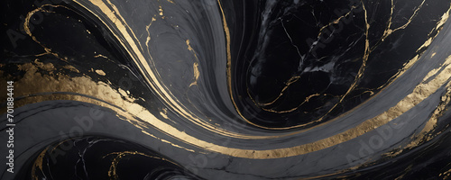 Luxurious black and gray marble swirls accented with gold painted splashes, creating a high-end and sophisticated texture for banners and headers