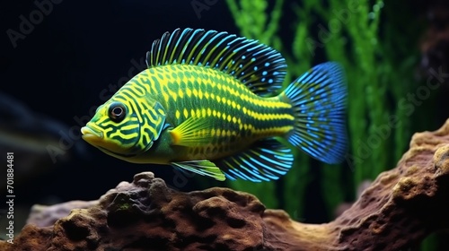 A stunning Green Terror fish (Andinoacara stalsbergi) in its natural habitat, showcasing its vibrant colors and unique markings.
