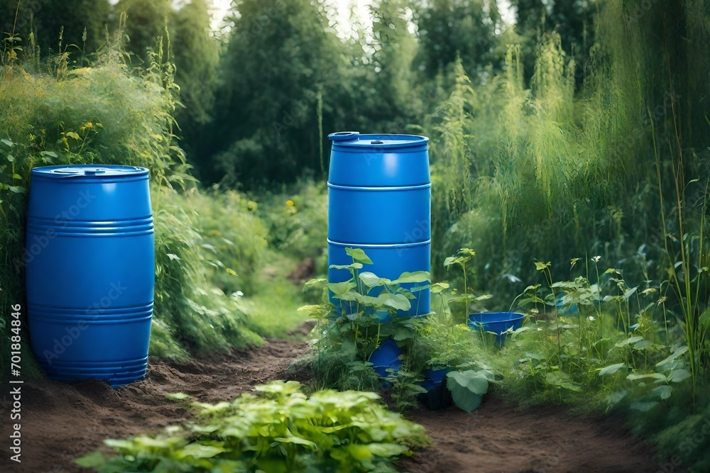 barrels of water in a field, A blue barrel for collecting rainwater. Collecting rainwater in plastic container. Collecting rainwater for watering the garden. Ecological collection of water for crop ir barrels of water in a field, A blue barrel for collecting rainwater. Collecting rainwater in plastic container. Collecting rainwater for watering the garden. Ecological collection of water for crop ir