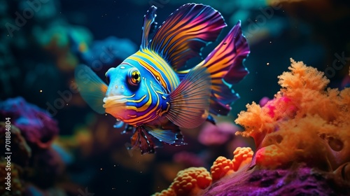 A stunning Mandarin Fish darting among the corals, its vibrant hues shining in