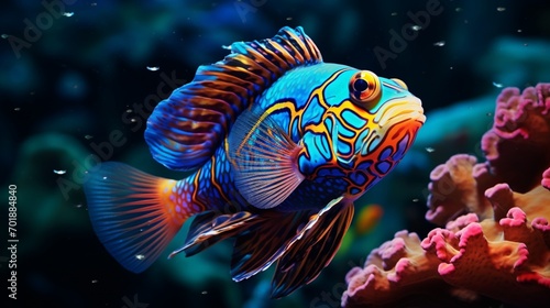 A stunning Mandarin Fish darting among the corals, its vibrant hues shining in