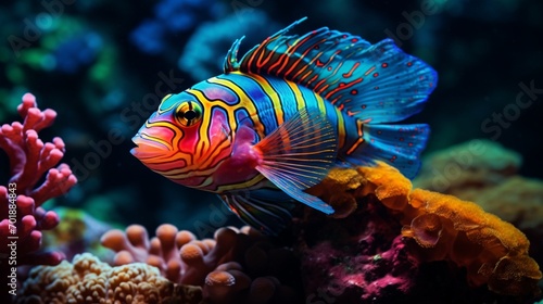 A stunning Mandarin Fish darting among the corals, its vibrant hues shining in © Mehran
