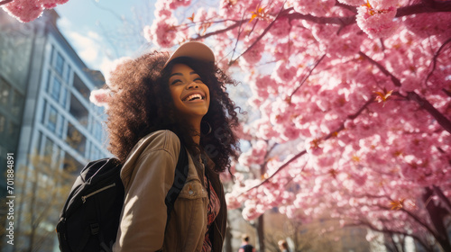 Modern happy young smiling black African woman girl against the background of pink cherry blossoms and metropolis city.