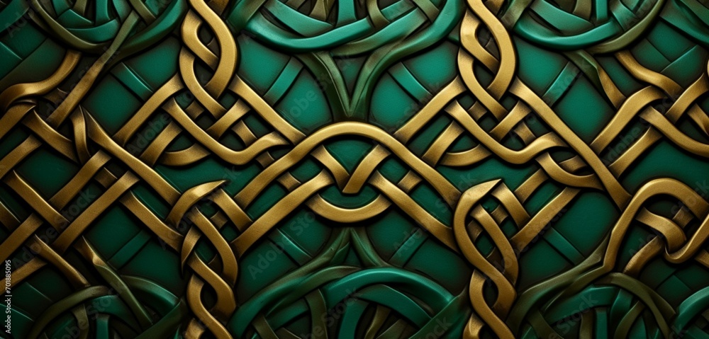 Complex interlocking Celtic knot design in green and gold on a 3D wall texture
