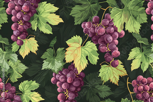 Summer pattern of grape and green leaves on background.