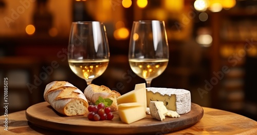 A Luxurious Tasting of French White Wine, Enhanced by a Selection of Fine Cheeses and Fresh Bread. Generative AI
