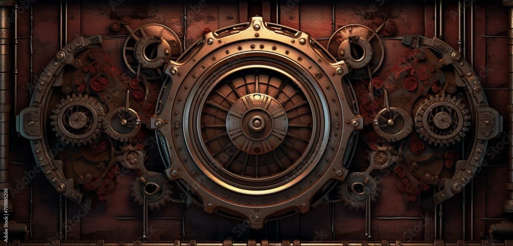 A 3D wall texture featuring a detailed, steampunk gear and pipe design