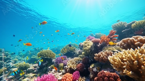 A vibrant and colorful coral reef with a Wrasse (Labridae) swimming among the corals.