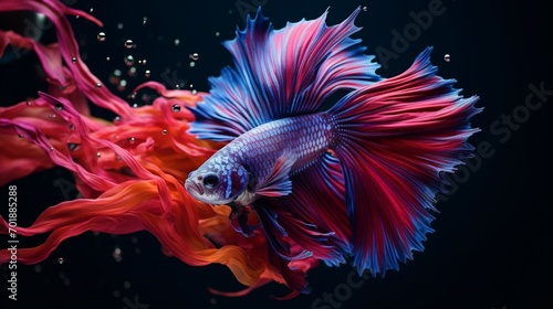 A vibrant Betta fish swimming in a beautifully aquascaped