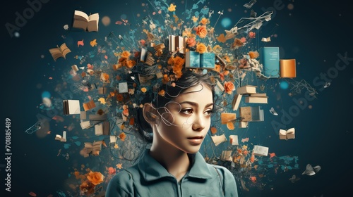 Conceptual image of young woman with books flying out of her head