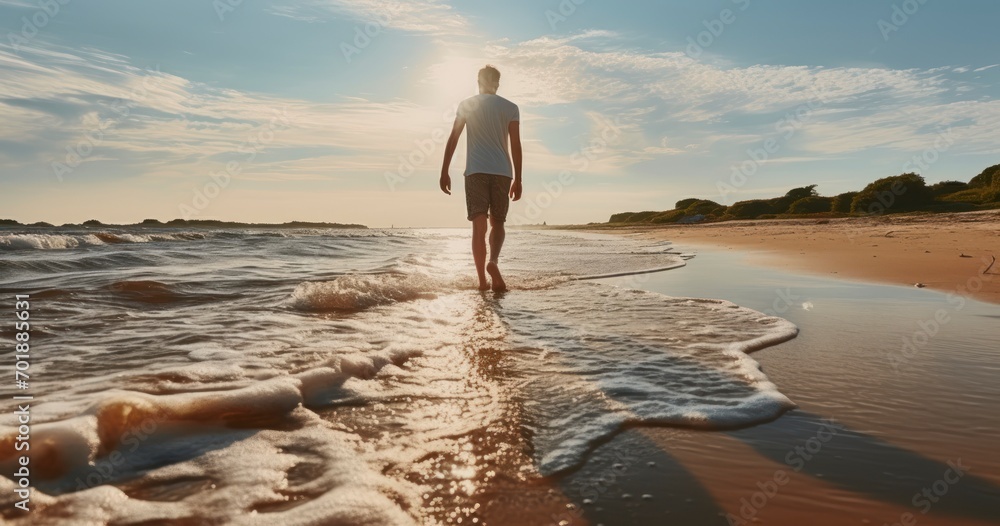 A Lone Man Walking in the Shallow Waters Along the Shore. Generative AI A Lone Man Walking in the Shallow Waters Along the Shore. Generative AI