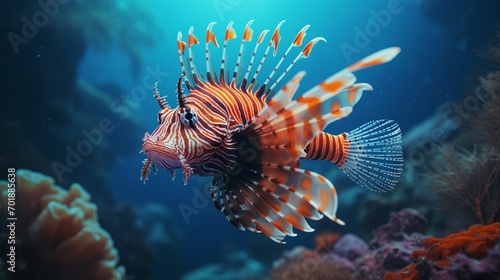 A vibrant Lionfish (Pterois) swimming gracefully in its natural habitat, captured in full ultra HD © Mehran