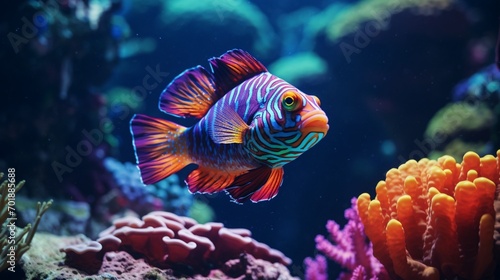 A vibrant Mandarin Fish swimming among coral reefs in the deep ocean, captured in © Mehran