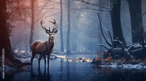 A beautiful red deer with big antlers in winter