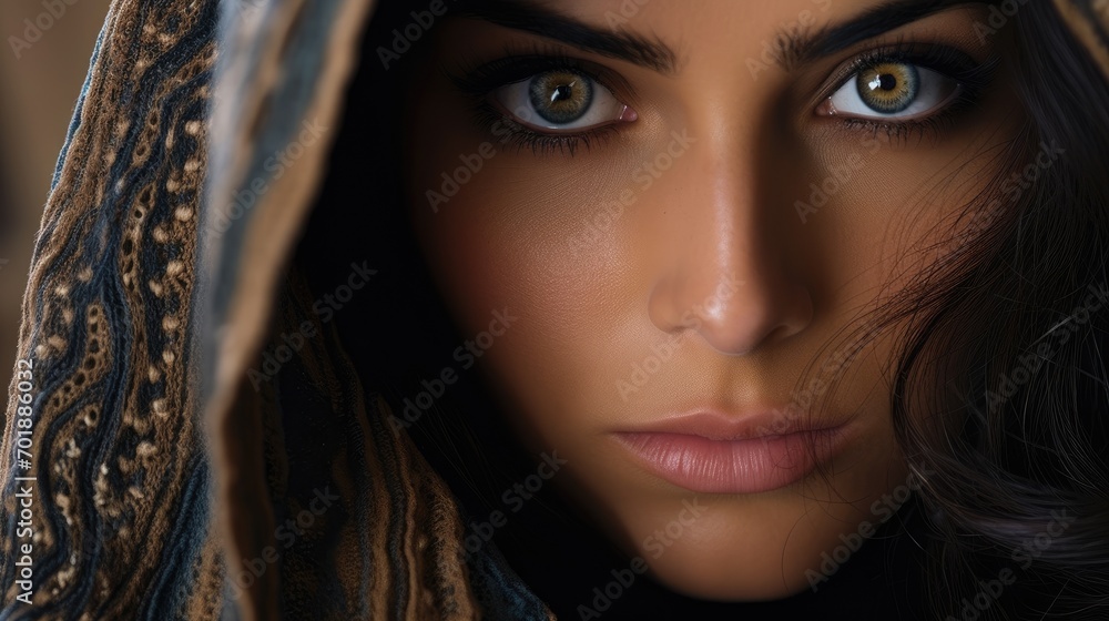 Piercing look into the eyes of an Arab woman with a headscarf Piercing look into the eyes of an Arab woman with a headscarf