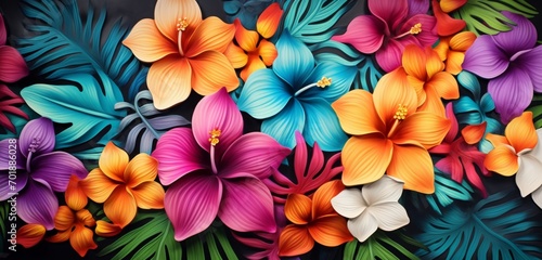 Vibrant tropical floral pattern on a 3D wall texture photo