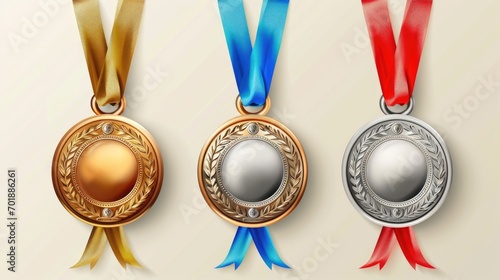 Set of of gold, silver and bronze medals on ribbons