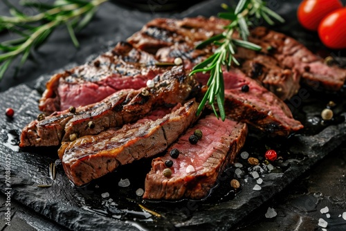 Sliced grilled meat steak with spices rosemary and pepper on black marble board