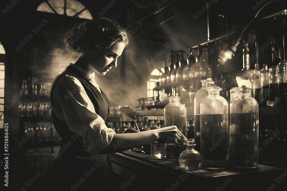 Female scientist in the 1900s working in a laboratory - obrazy, fototapety, plakaty 