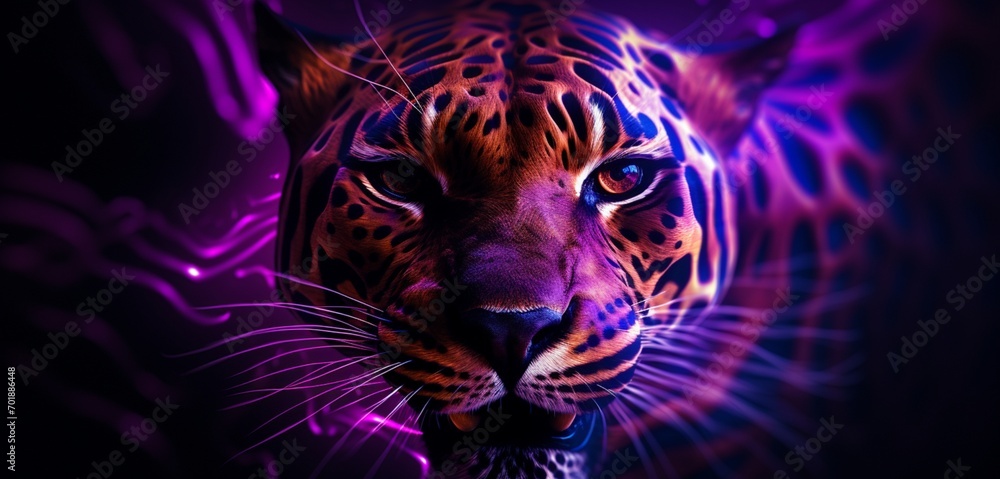 A glowing neon light graffiti design with abstract animal prints in purple and gold on a 3D wall texture